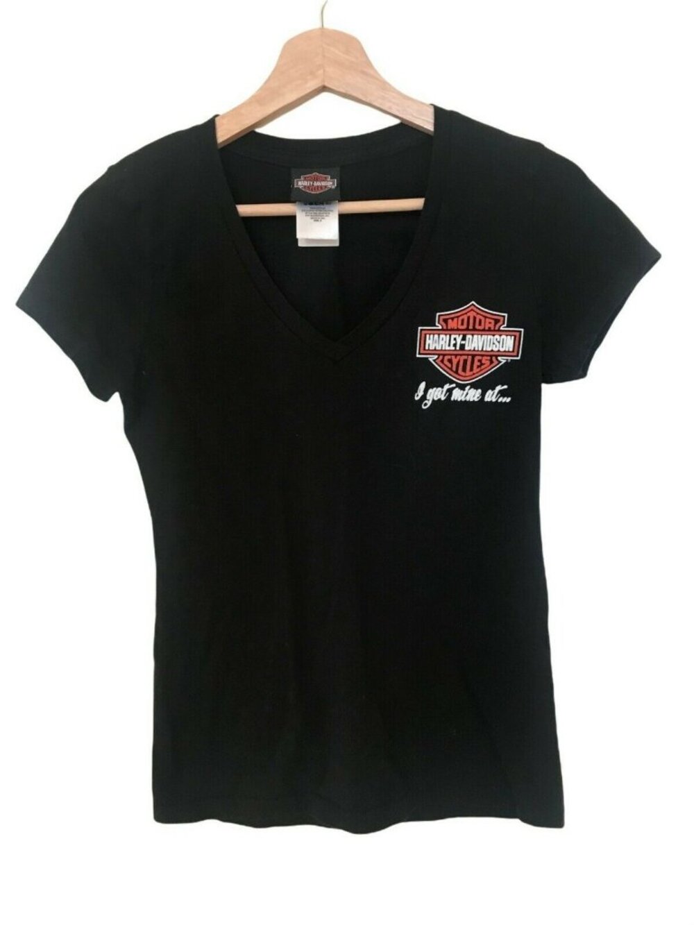 Harley Davidson Black Short Sleeve V-Neck T Shirt "I Got Mine At..." Women's S
